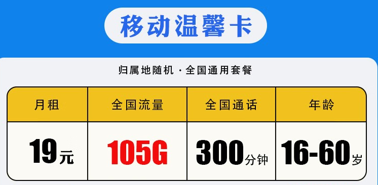 銀川移動(dòng)溫馨卡 月租19元包含105G全國流量300分鐘國內(nèi)通話 可加送副卡