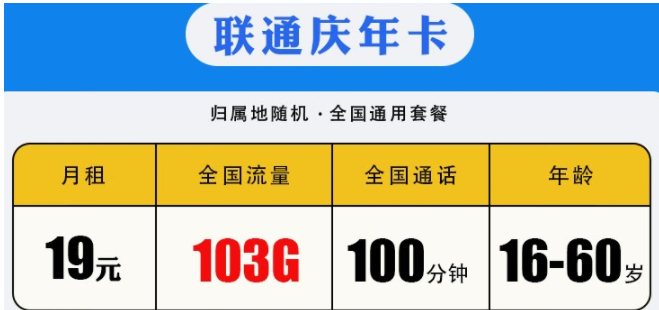 中國聯通良心了 月租19元享103G超大流量+100分鐘全國通話 歸屬地隨機 適用于16-60歲