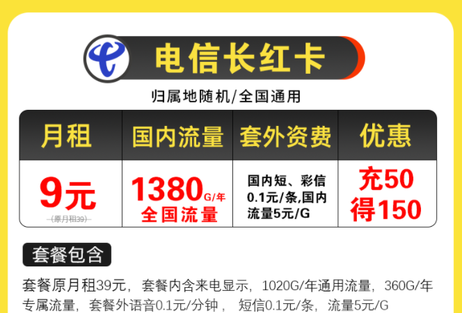 電信超值優(yōu)惠套餐有哪些？電信長紅卡，月租9元包含125G全國流量/月不限速手機上網卡