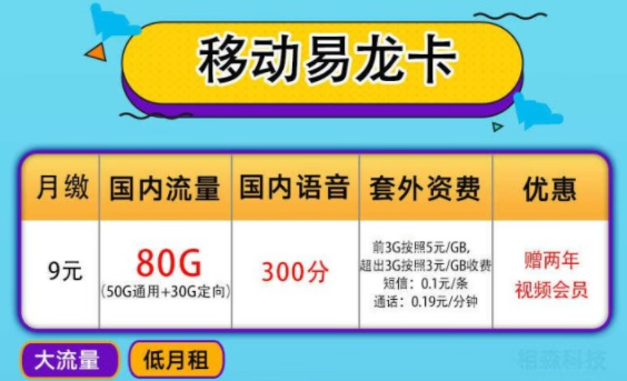 關于流量卡一些無傷大雅的小套路|移動易龍卡9元月租包80G流量+300分語音送兩年會員