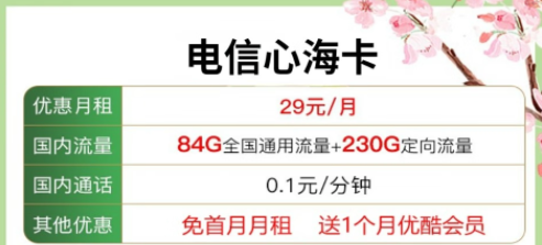 送會員的流量卡套餐|電信心海卡29元包含84G通用流量+230G定向+優酷會員