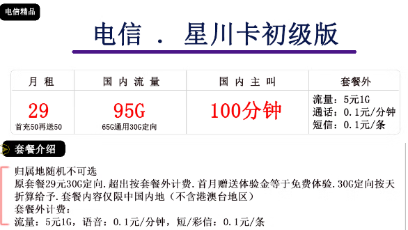 電信星川卡初級、中級卡|29元、39元|大流量免費領(lǐng)！